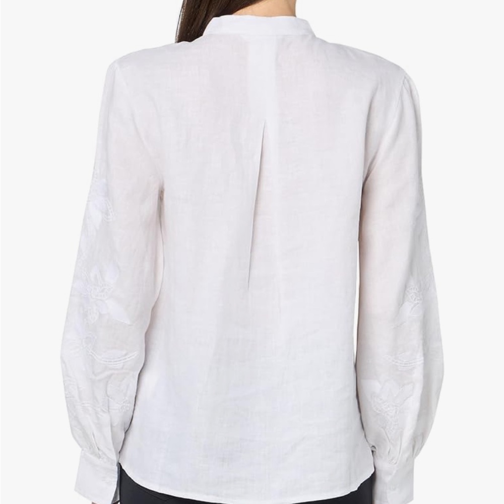 Club Monaco Linen Embroidered Blouson Sleeve Top XS White Minimalist Romantic - Picture 3 of 10